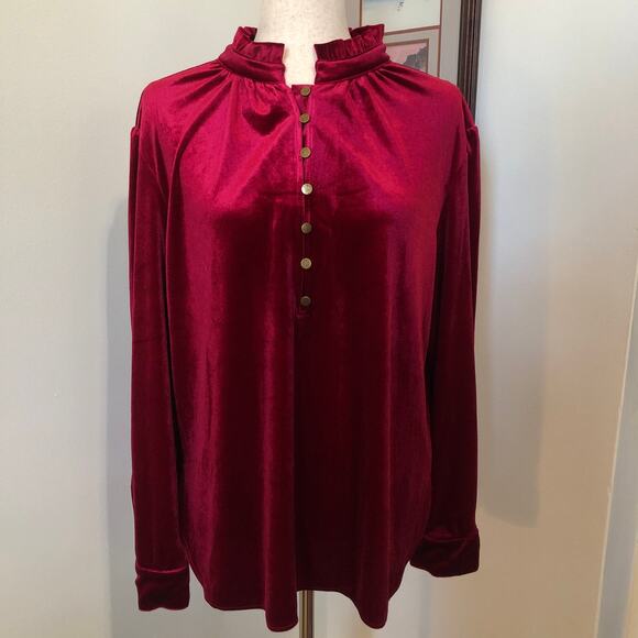 Red Velvet Ruffle Neck Blouse XL Long Sleeve Top Holiday Party Romantic Goth - Picture 1 of 10